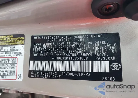 2004 Toyota Camry Le from USA, damaged, VIN 4T1BE32K44U851058